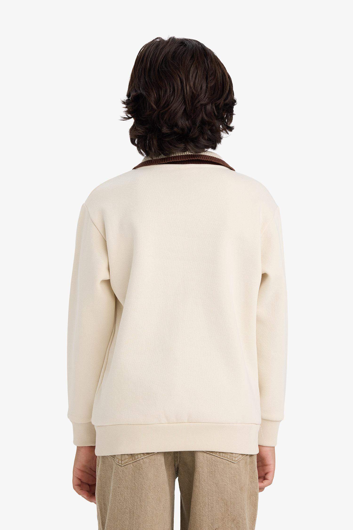 Boys Polo Collar Printed Sweatshirt with Soft Fleece Lining