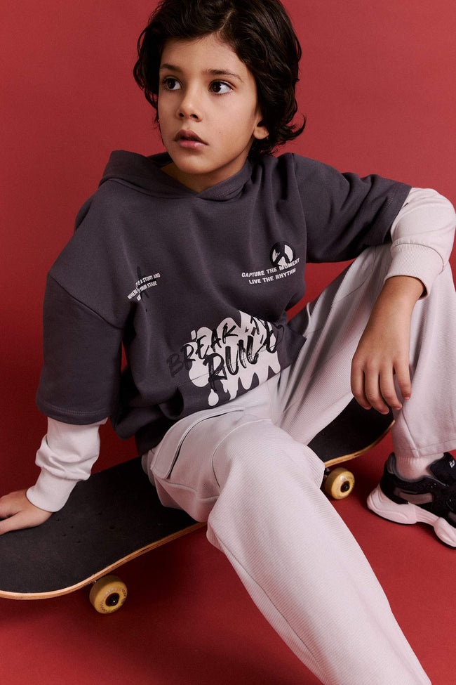 Boys Hooded Printed Sweatshirt with Soft Fleece Lining Hover Image