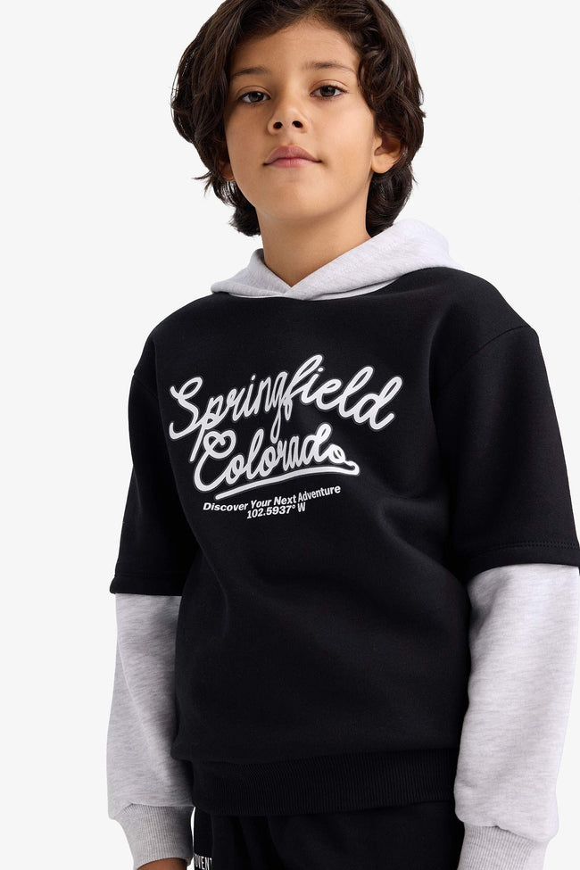 Boys Hooded Printed Sweatshirt with Soft Fleece Lining Hover Image