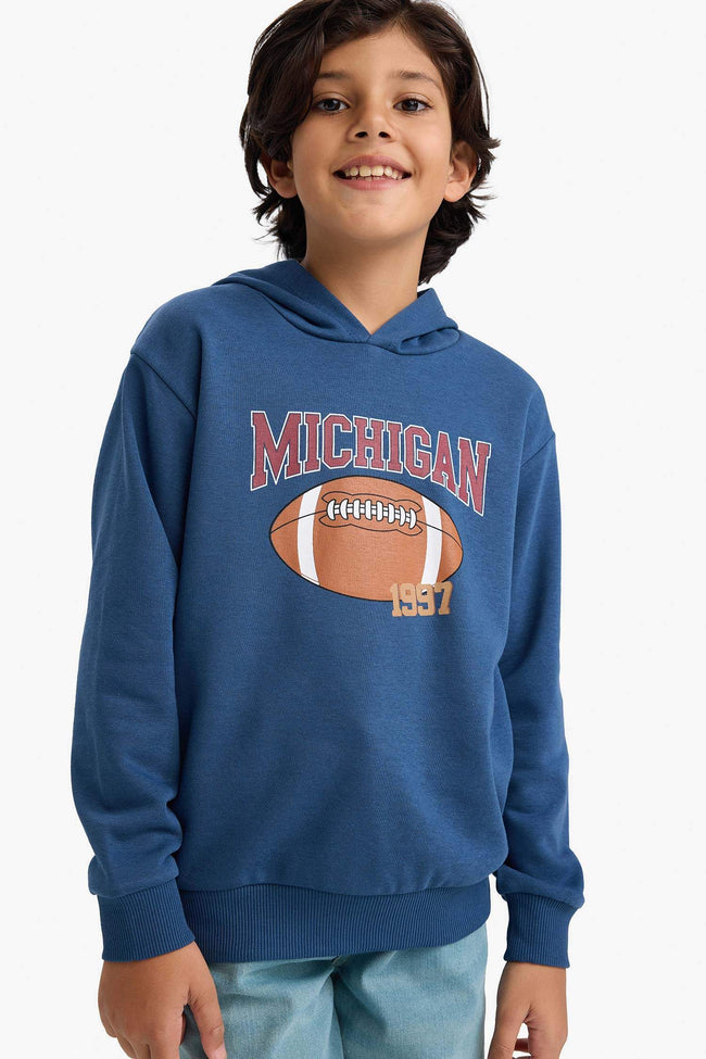 Boys Hooded Printed Sweatshirt with Soft Fleece Lining Hover Image