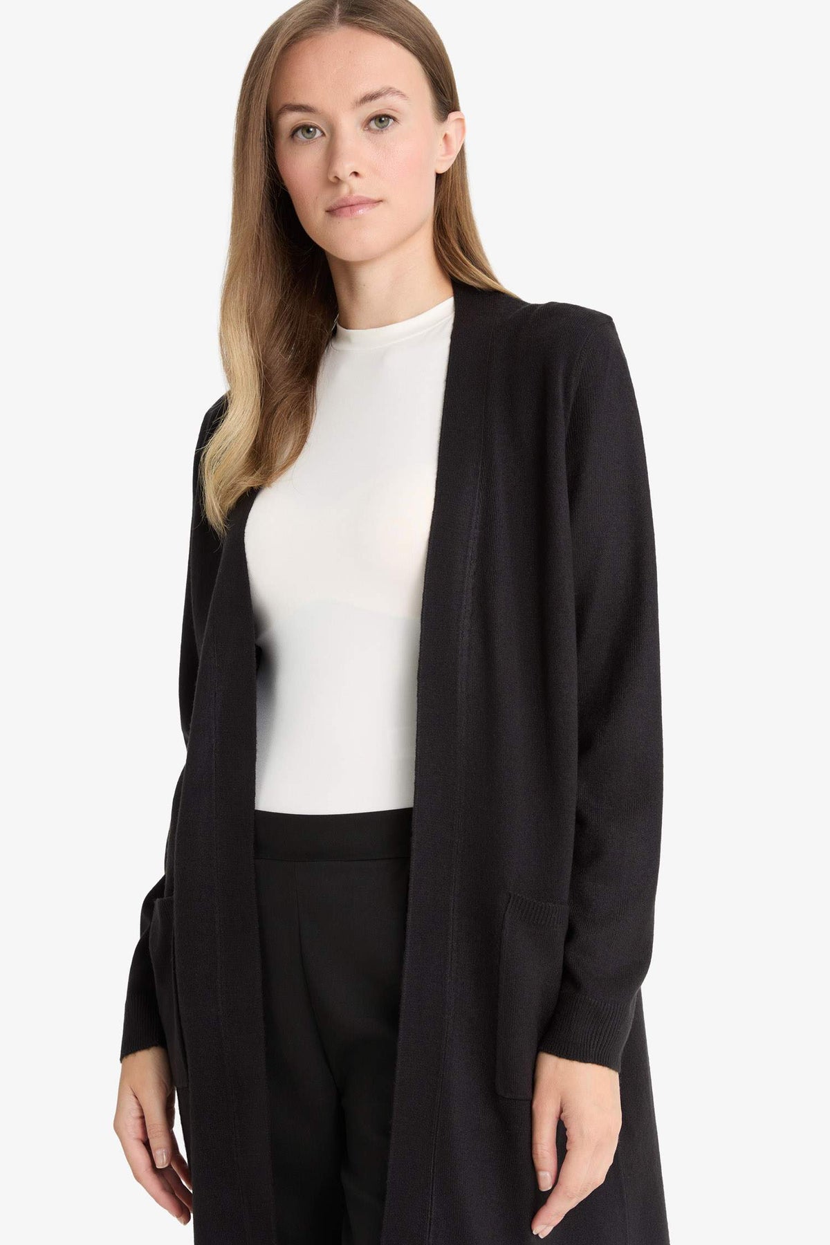 Regular Fit V Neck Basic Plain Pocket Long Black Knitwear Cardigan