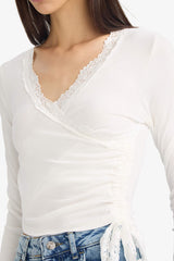Fitted V-Neck Long-Sleeve T-Shirt with Lace Detail