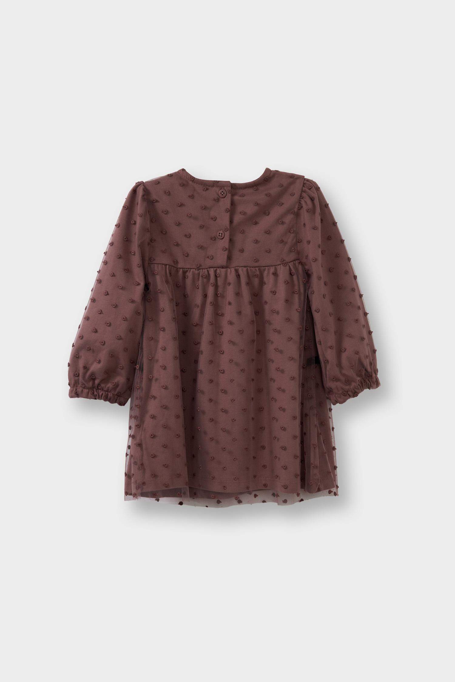 Baby Girl Christmas Themed Polka Dot Long-Sleeved Tulle Dress with Bow Detail