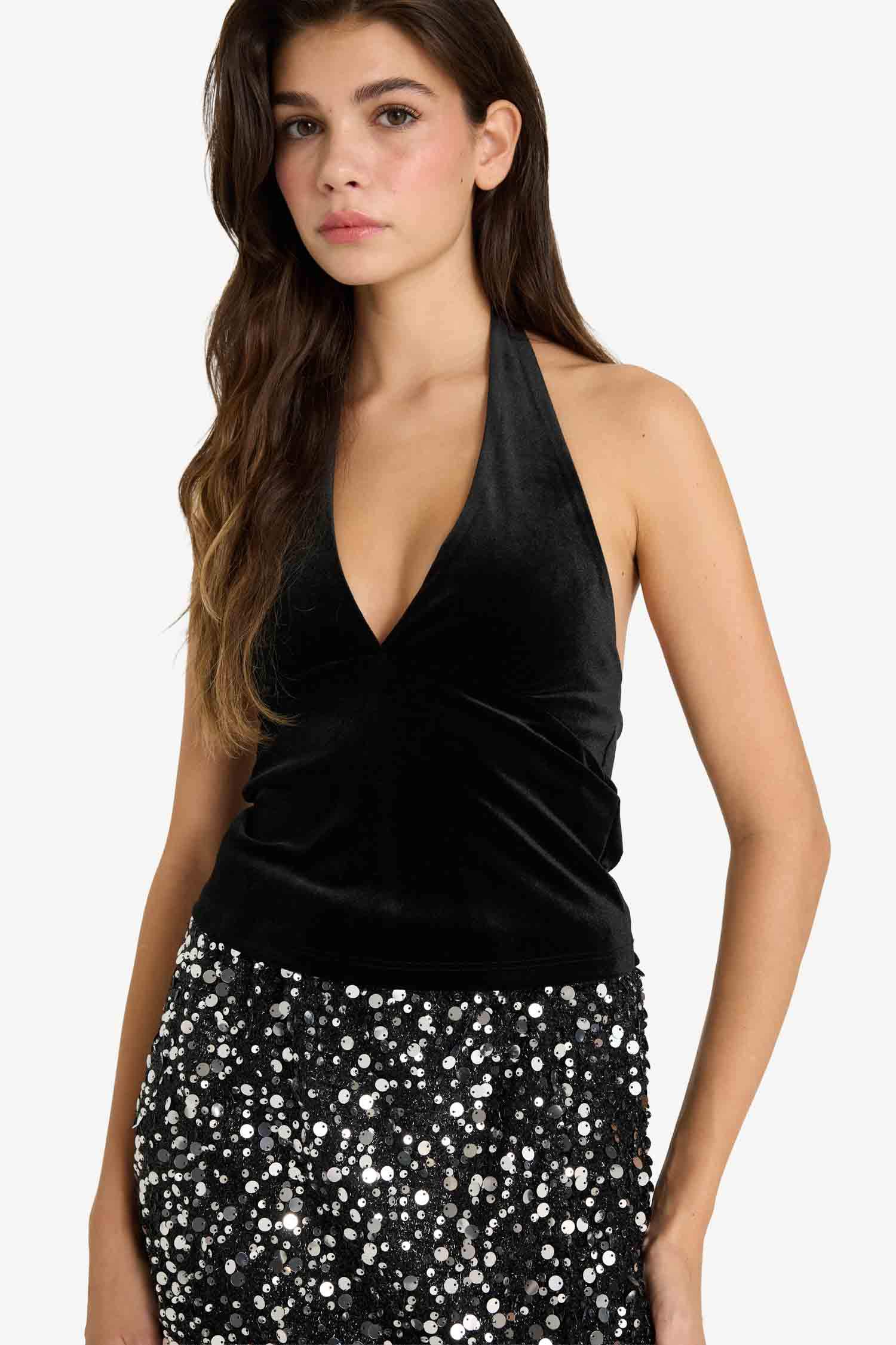 Fitted Halter Neck Velvet Blouse