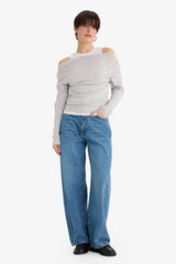 Slim Fit Narrow Cut One Shoulder Double Layer Ribbed Long Sleeve T-Shirt