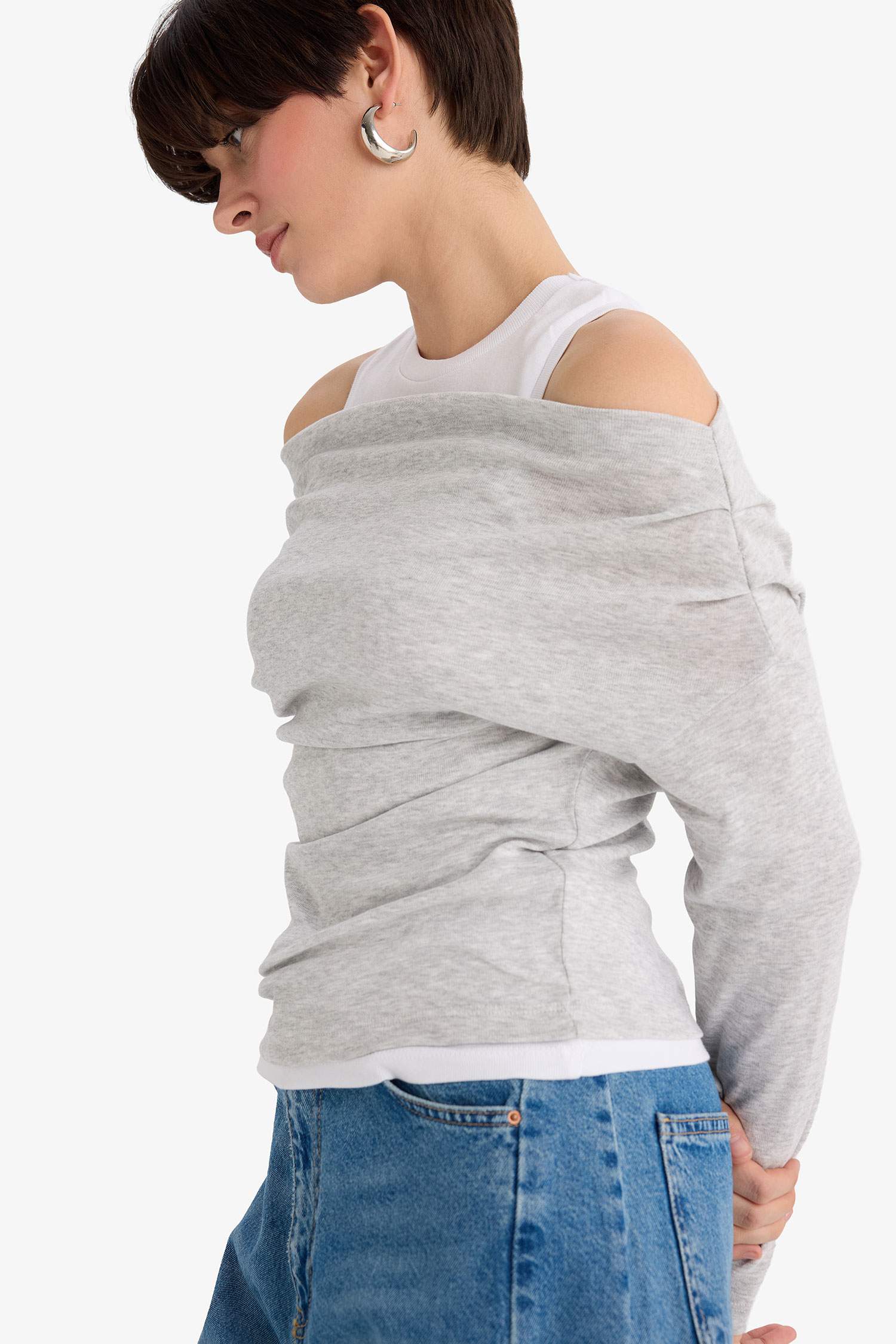 Slim Fit Narrow Cut One Shoulder Double Layer Ribbed Long Sleeve T-Shirt