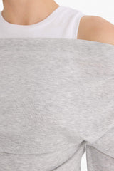 Slim Fit Narrow Cut One Shoulder Double Layer Ribbed Long Sleeve T-Shirt