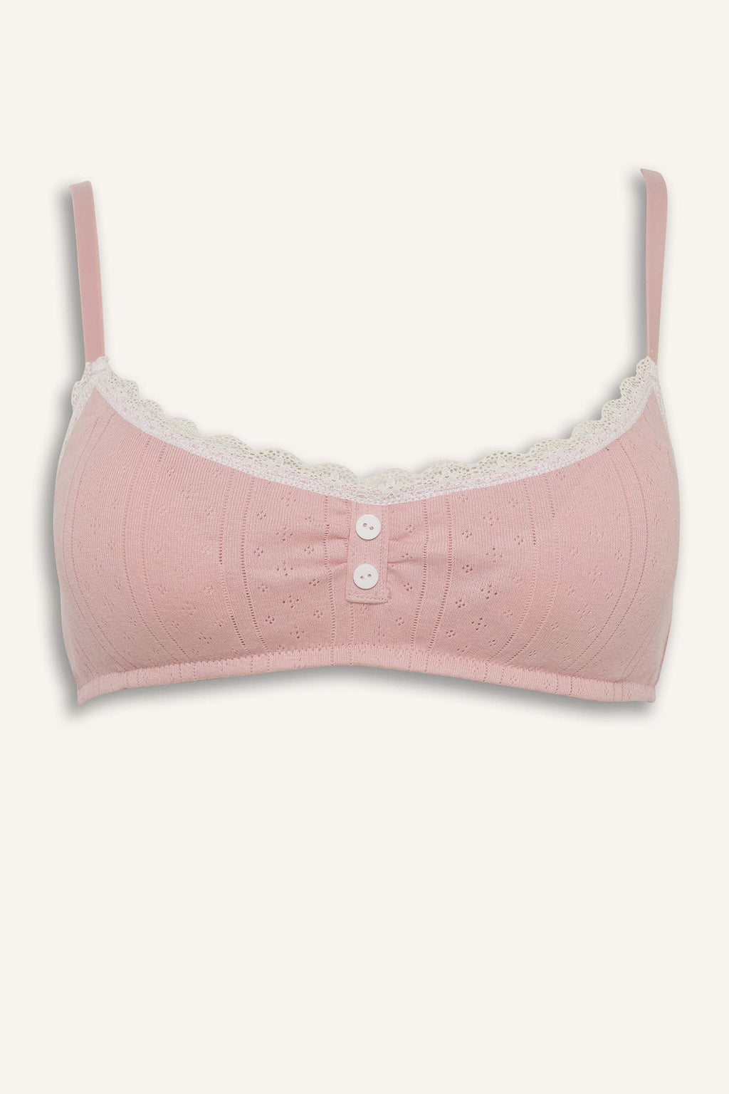 Lace-Detailed Ribbed Bralette With Removable Cups And Padded, Wire-Free Design.