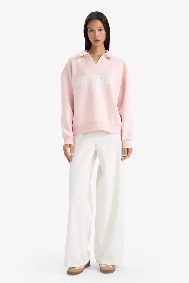 Relax Fit Polo Collar Printed Thick Sweatshirt Main Image