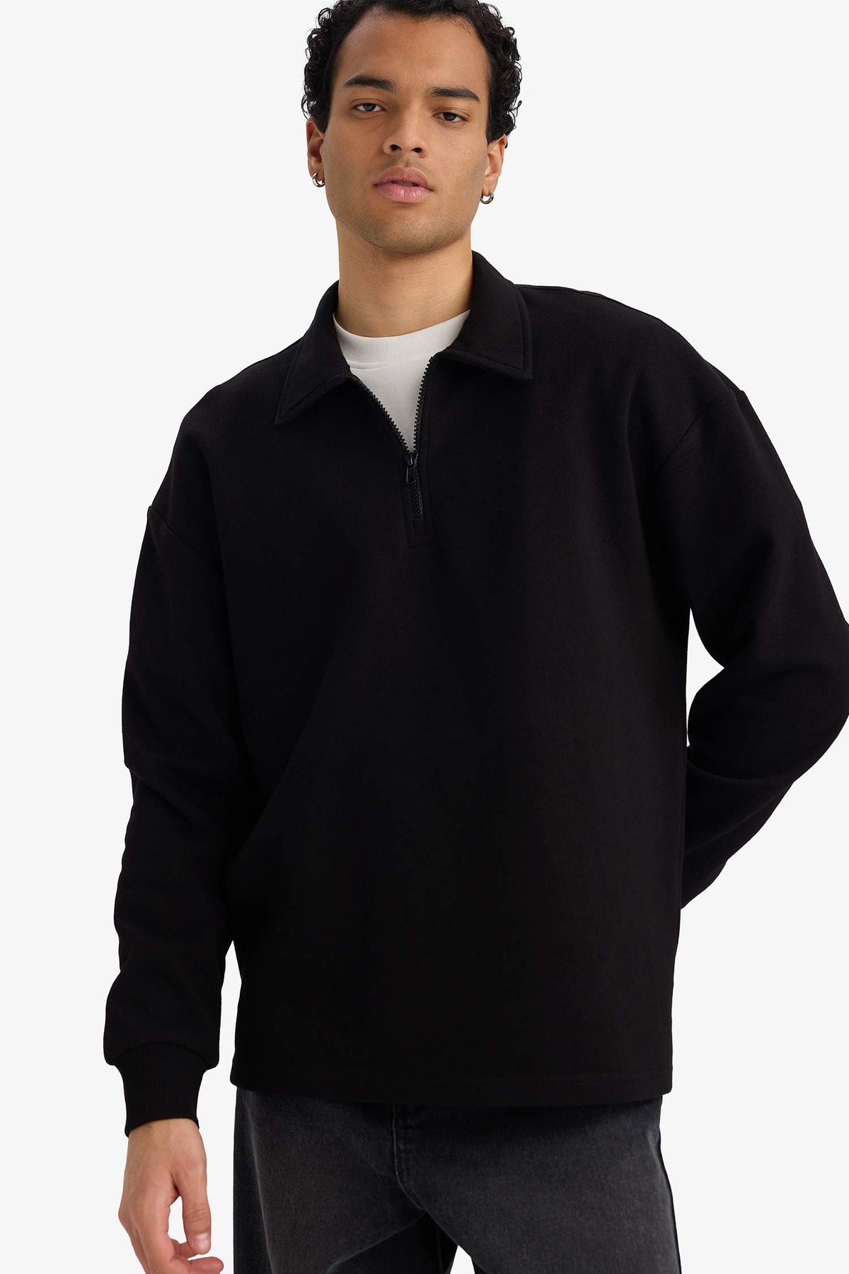 Boxy Fit Polo Collar Half-Zip Piqué Sweatshirt