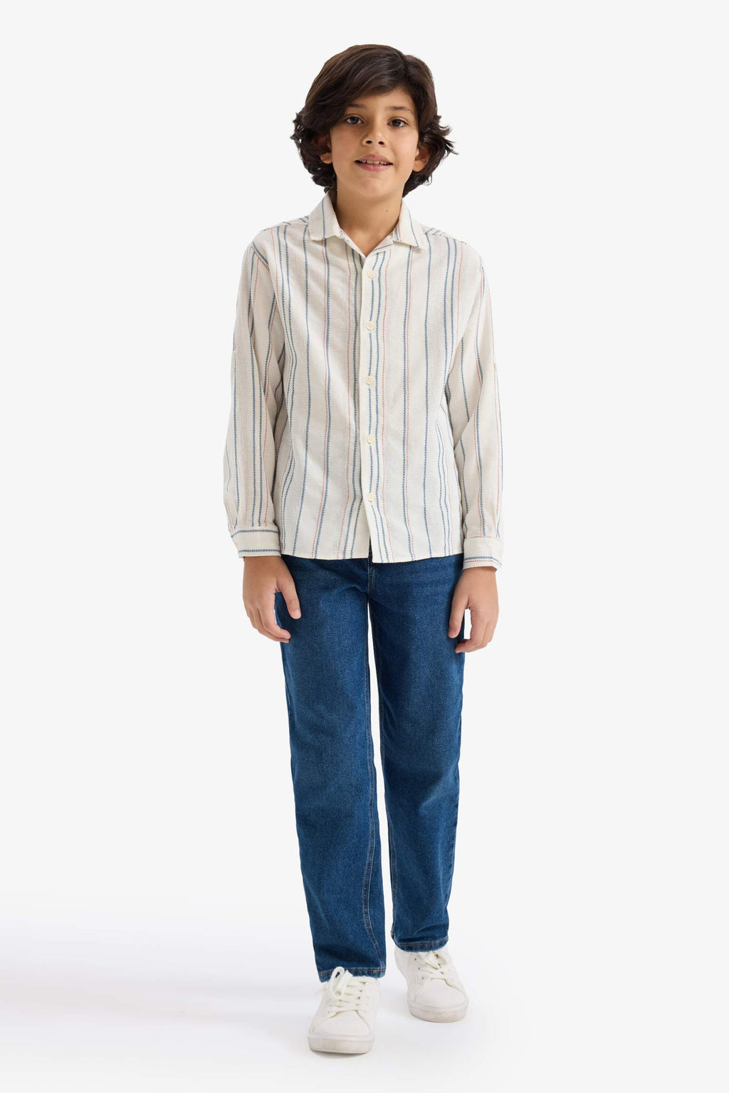 Oversize Wide Fit Polo Collar Striped Long Sleeve Shirt For Boys