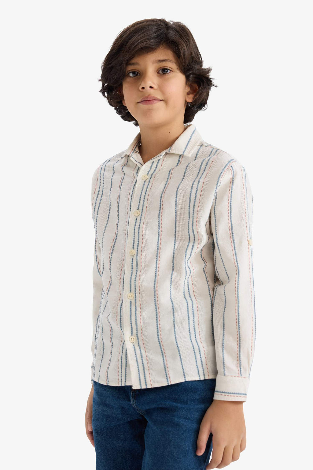 Oversize Wide Fit Polo Collar Striped Long Sleeve Shirt For Boys
