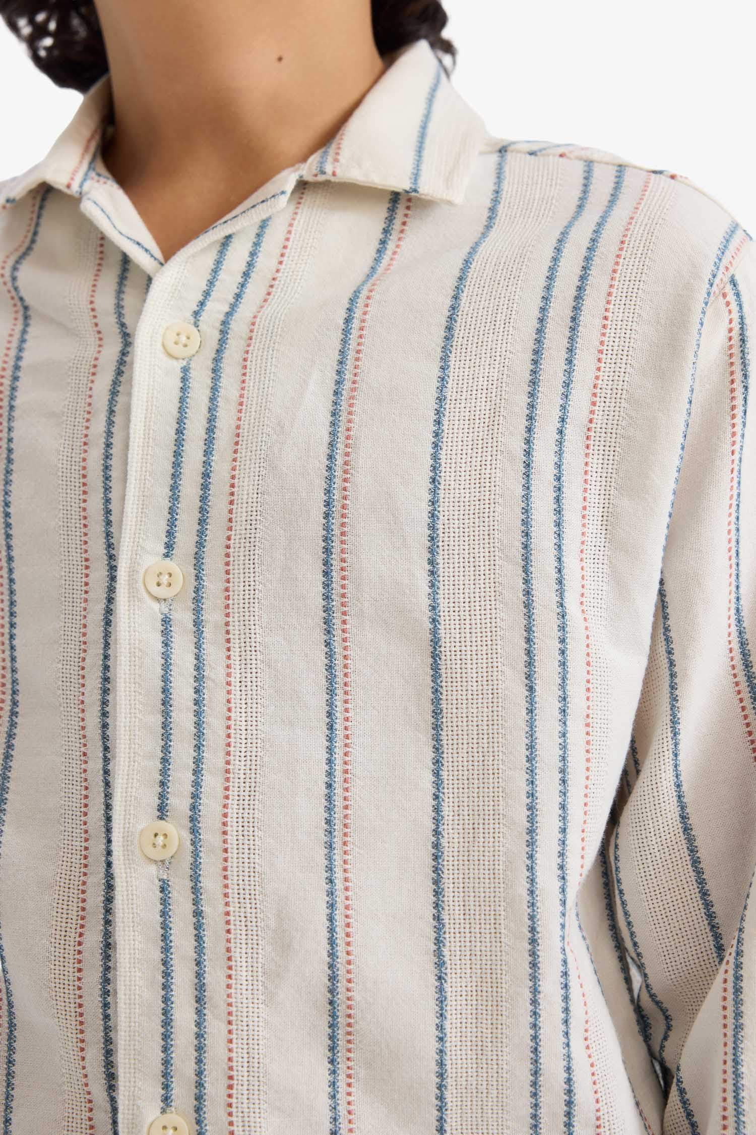 Oversize Wide Fit Polo Collar Striped Long Sleeve Shirt For Boys