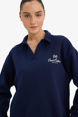 Relax Fit Polo Collar Printed Thick Sweatshirt