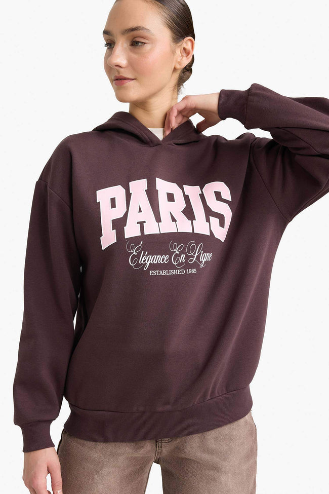 Relax Fit Hooded Printed Thick Sweatshirt Hover Image