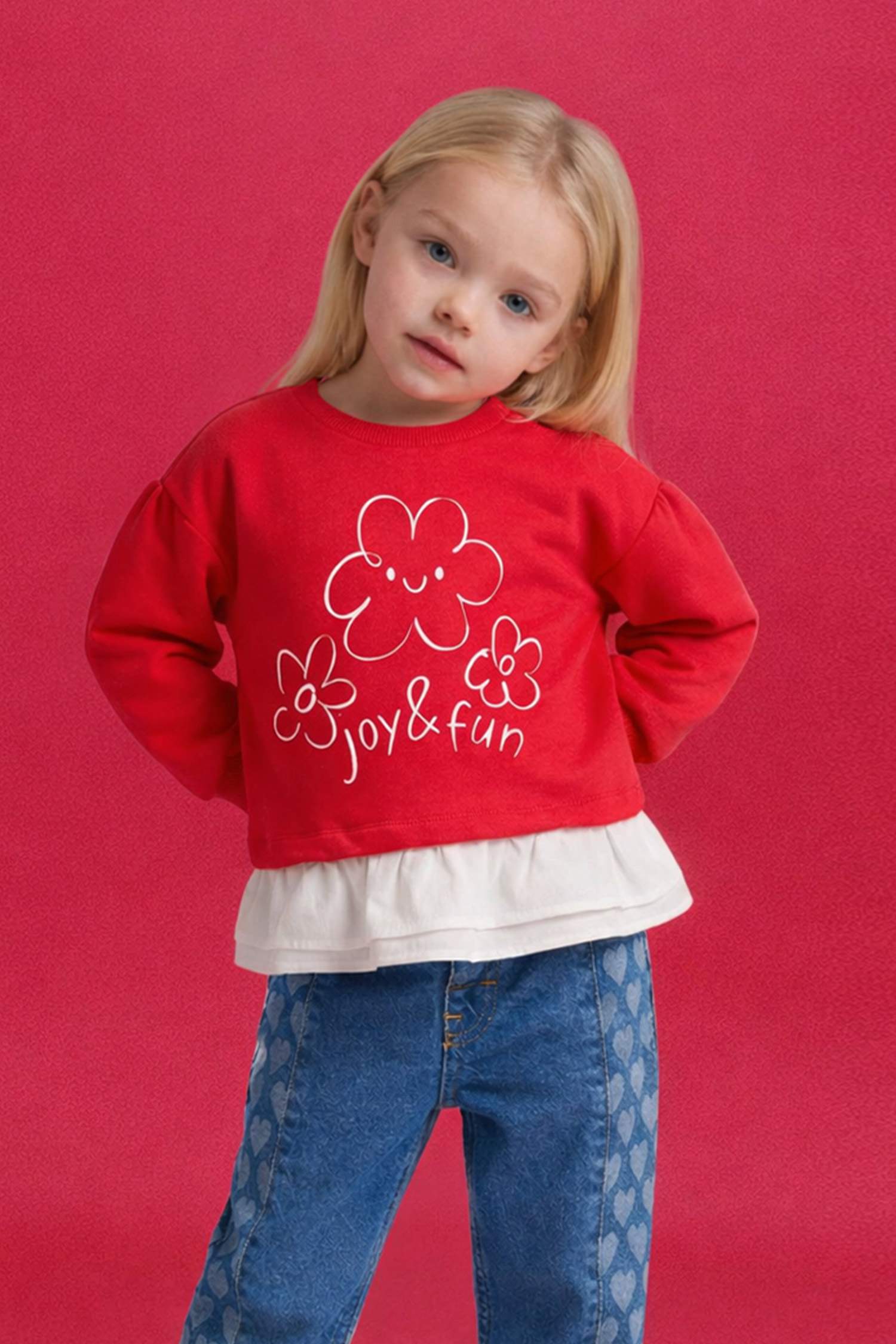 Oversize Loose Fit Crew Neck Floral Sweatshirt For Baby Girls