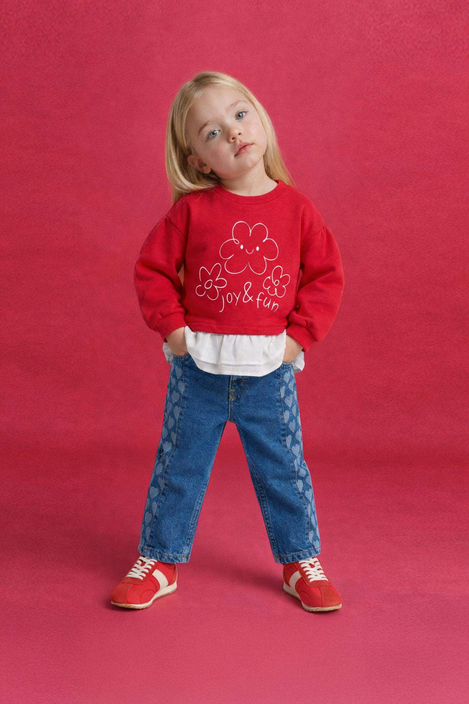 Oversize Loose Fit Crew Neck Floral Sweatshirt For Baby Girls