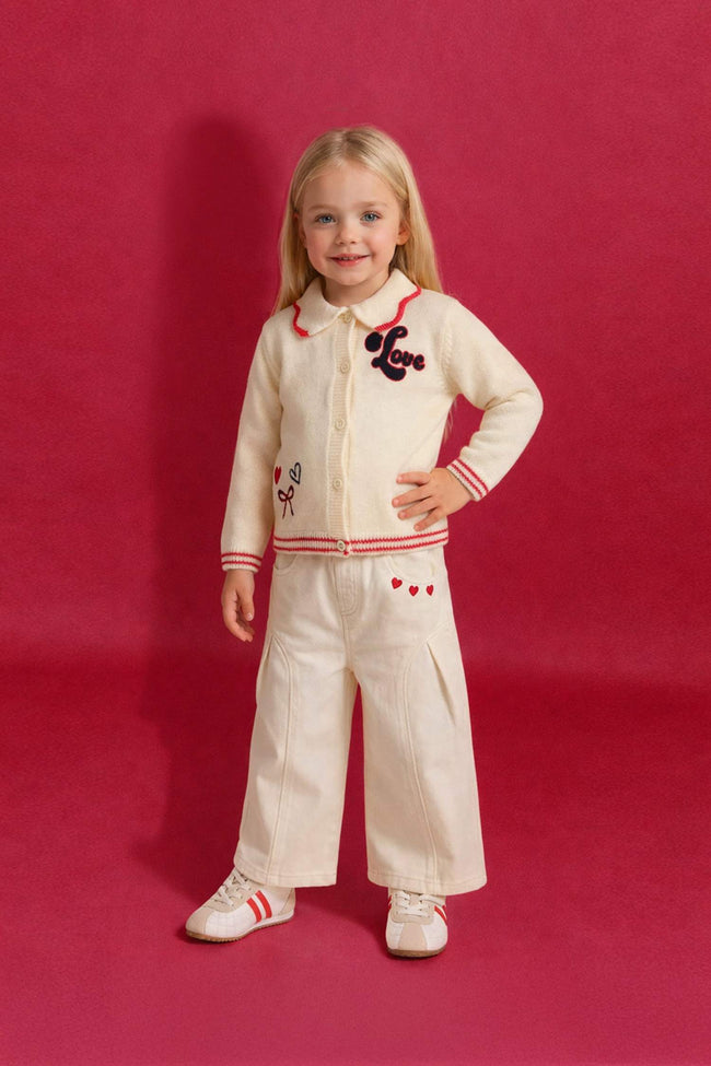 Wide Leg Embroidered Gabardine Trousers With Elastic Waistband For Baby Girls Hover Image