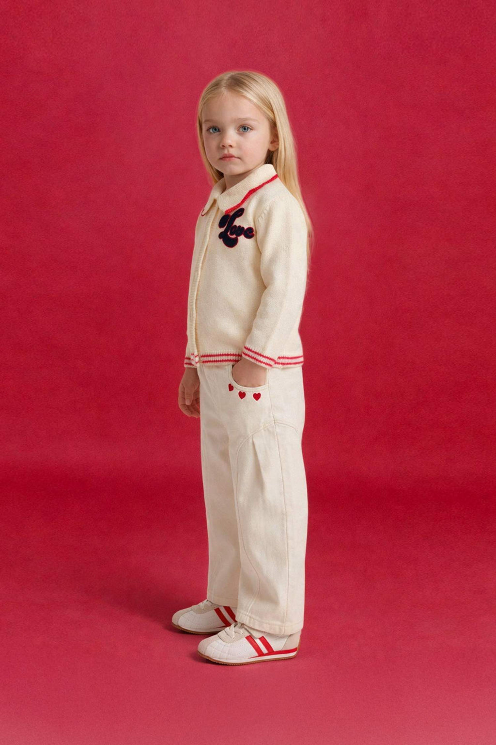 Wide Leg Embroidered Gabardine Trousers With Elastic Waistband For Baby Girls