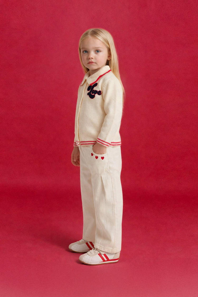 Wide Leg Embroidered Gabardine Trousers With Elastic Waistband For Baby Girls Main Image