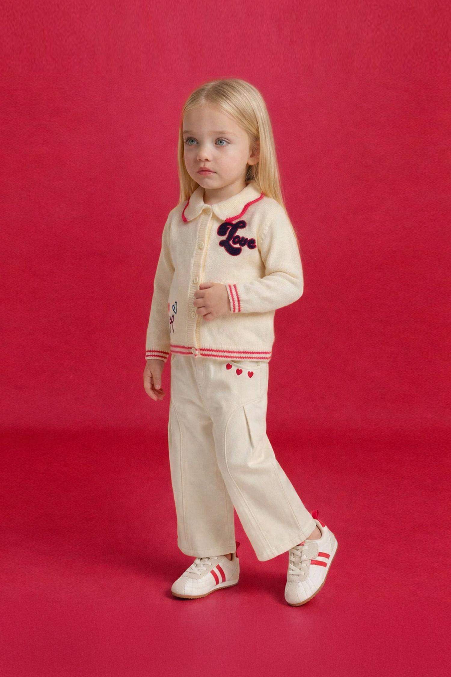 Wide Leg Embroidered Gabardine Trousers With Elastic Waistband For Baby Girls