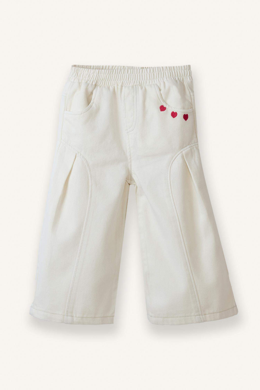 Wide Leg Embroidered Gabardine Trousers With Elastic Waistband For Baby Girls