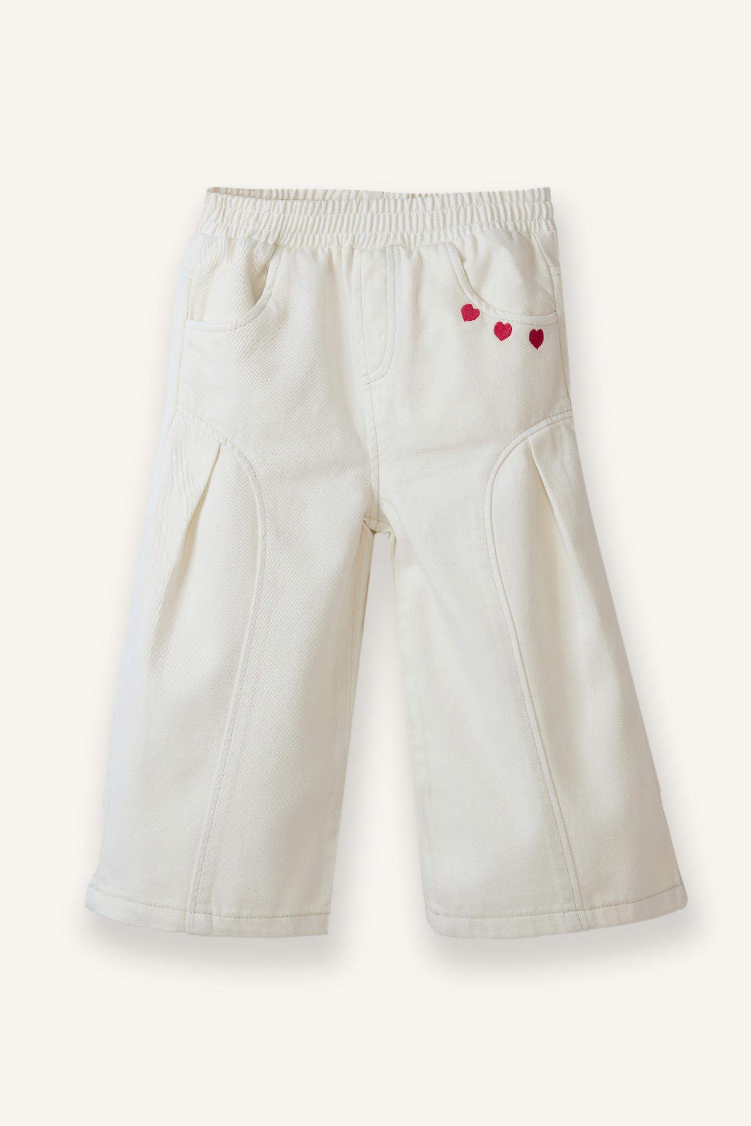 Wide Leg Embroidered Gabardine Trousers With Elastic Waistband For Baby Girls
