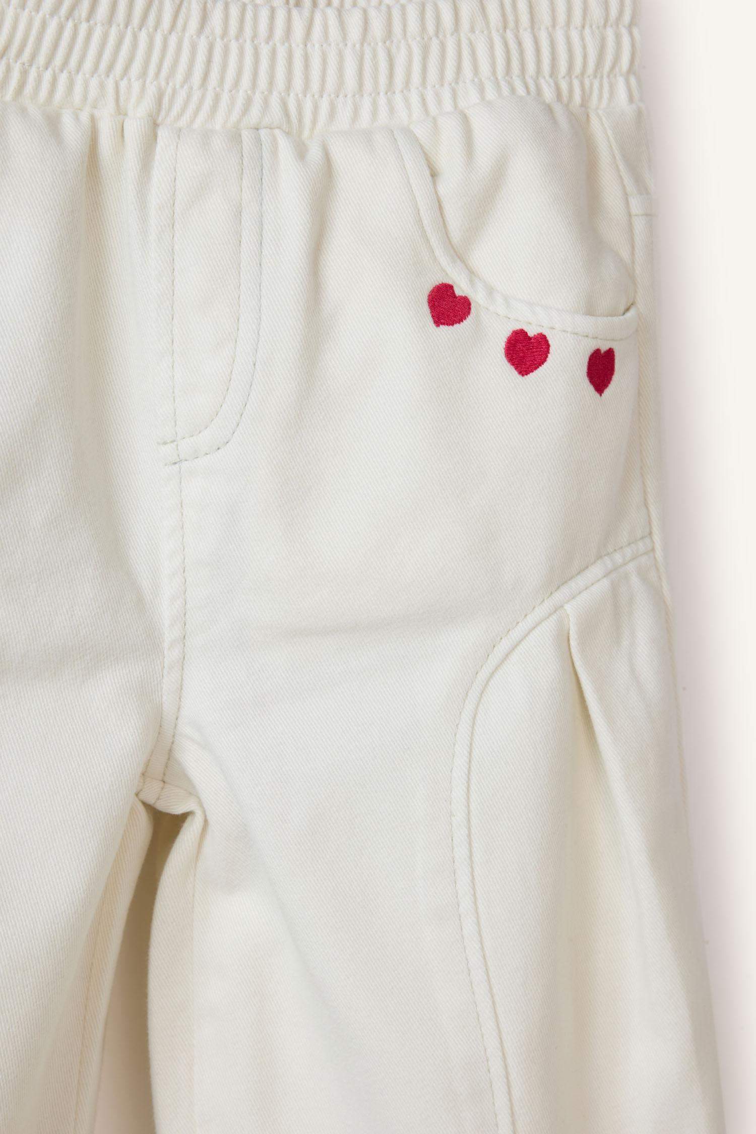 Wide Leg Embroidered Gabardine Trousers With Elastic Waistband For Baby Girls