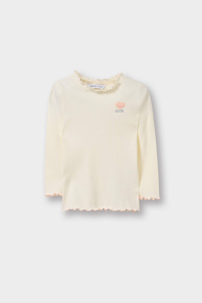 Ruffled Collar Ribbed Long-Sleeved T-Shirt For Baby Girls Hover Image