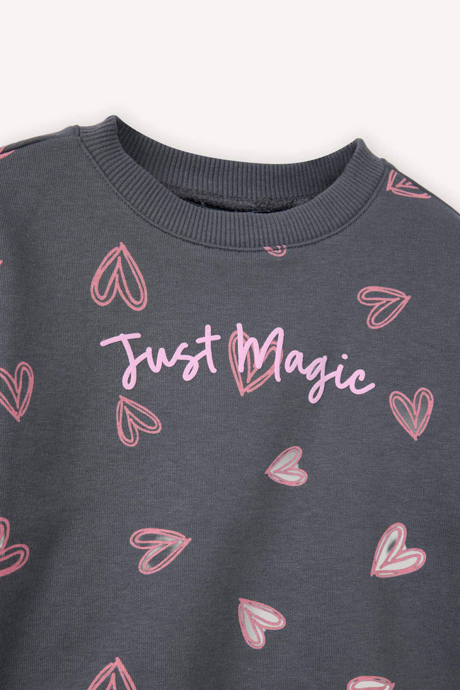 Oversize Loose Fit Crew Neck Patterned Sweatshirt For Baby Girls Main Image