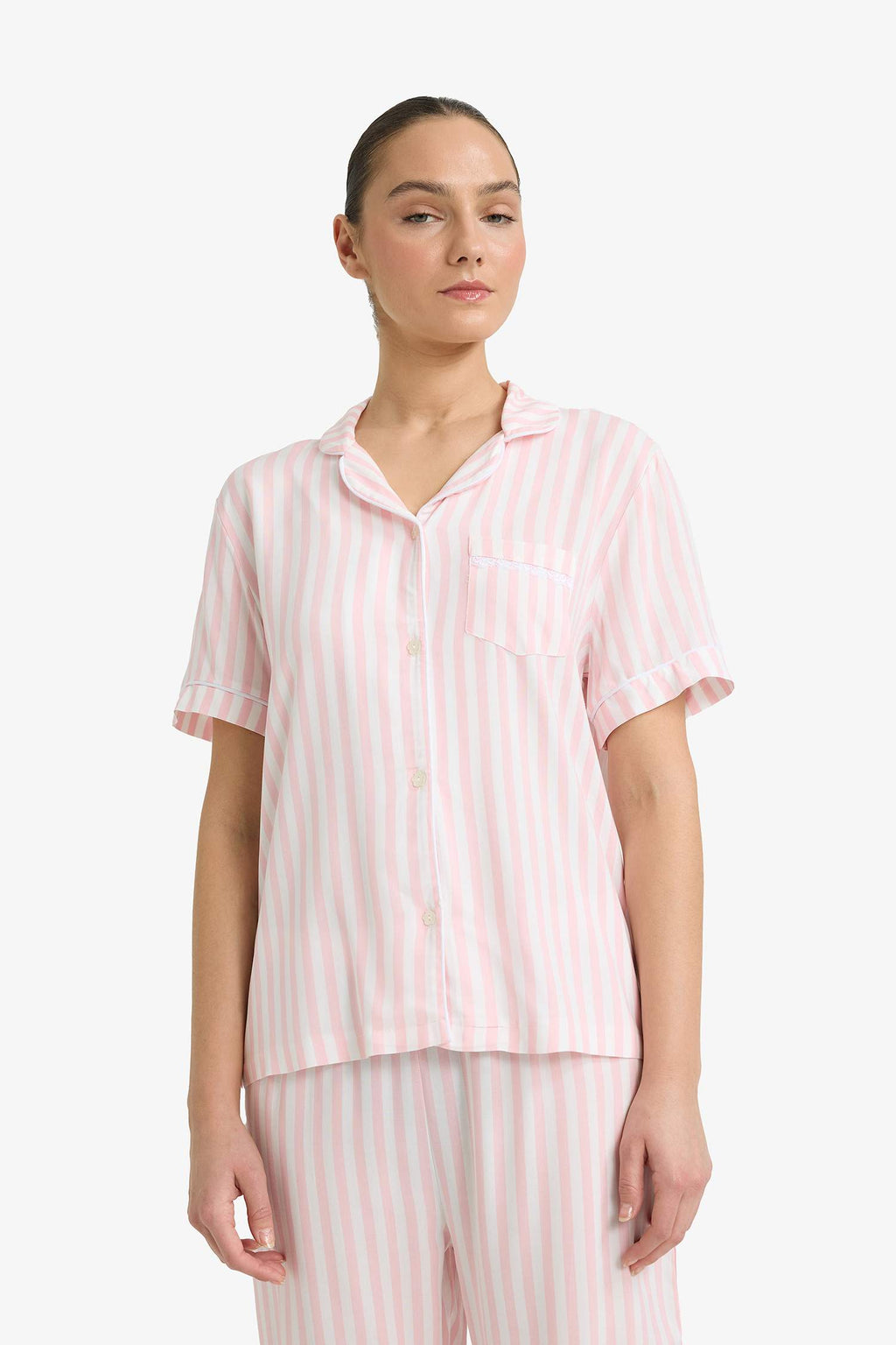 Pajama Set Regular Fit Striped Short-Sleeved Top and Long Bottoms