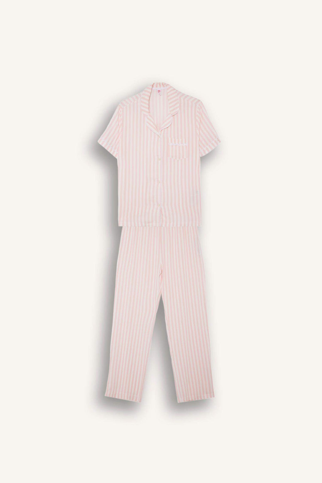 Pajama Set Regular Fit Striped Short-Sleeved Top and Long Bottoms