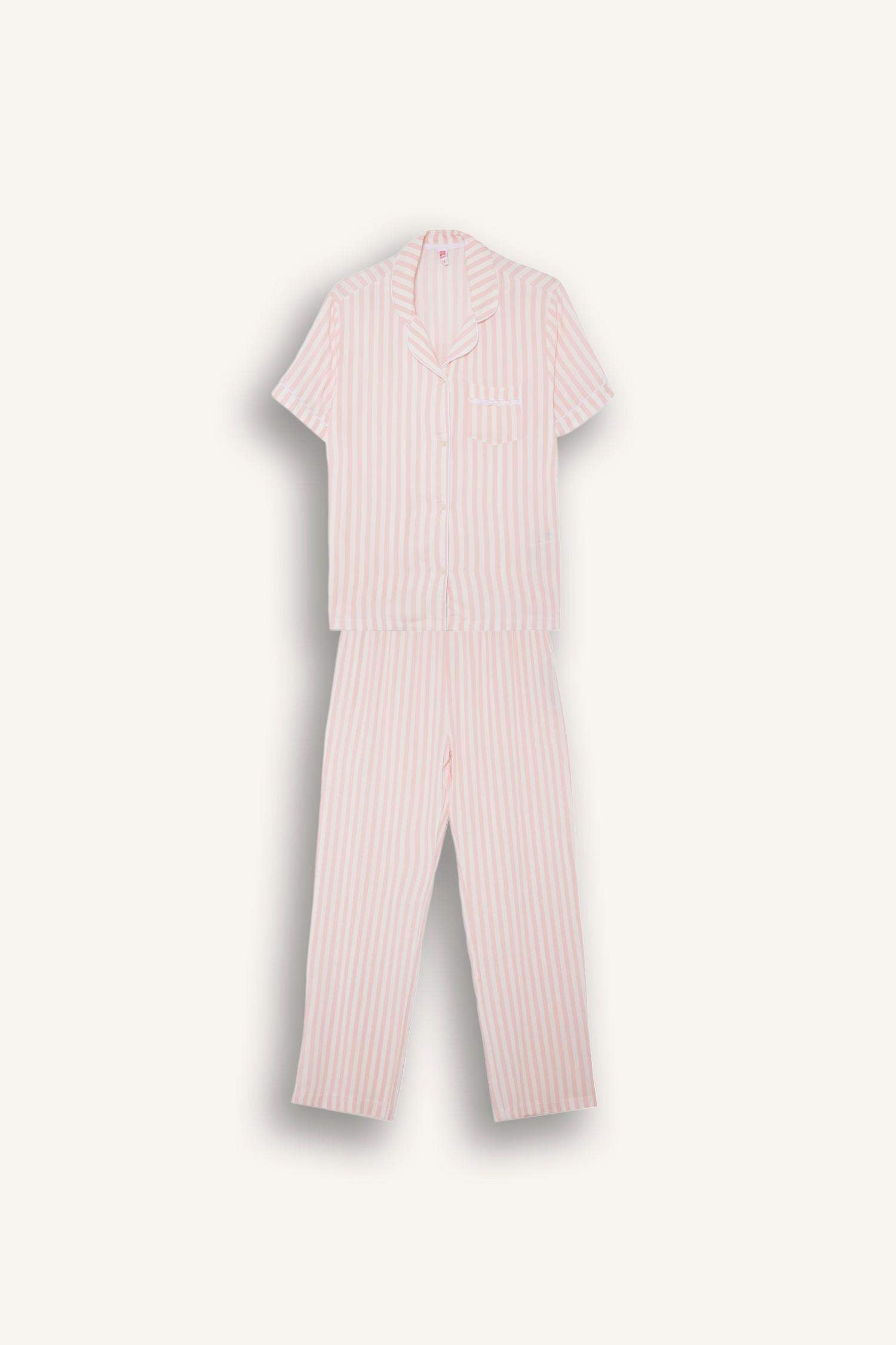Pajama Set Regular Fit Striped Short-Sleeved Top and Long Bottoms