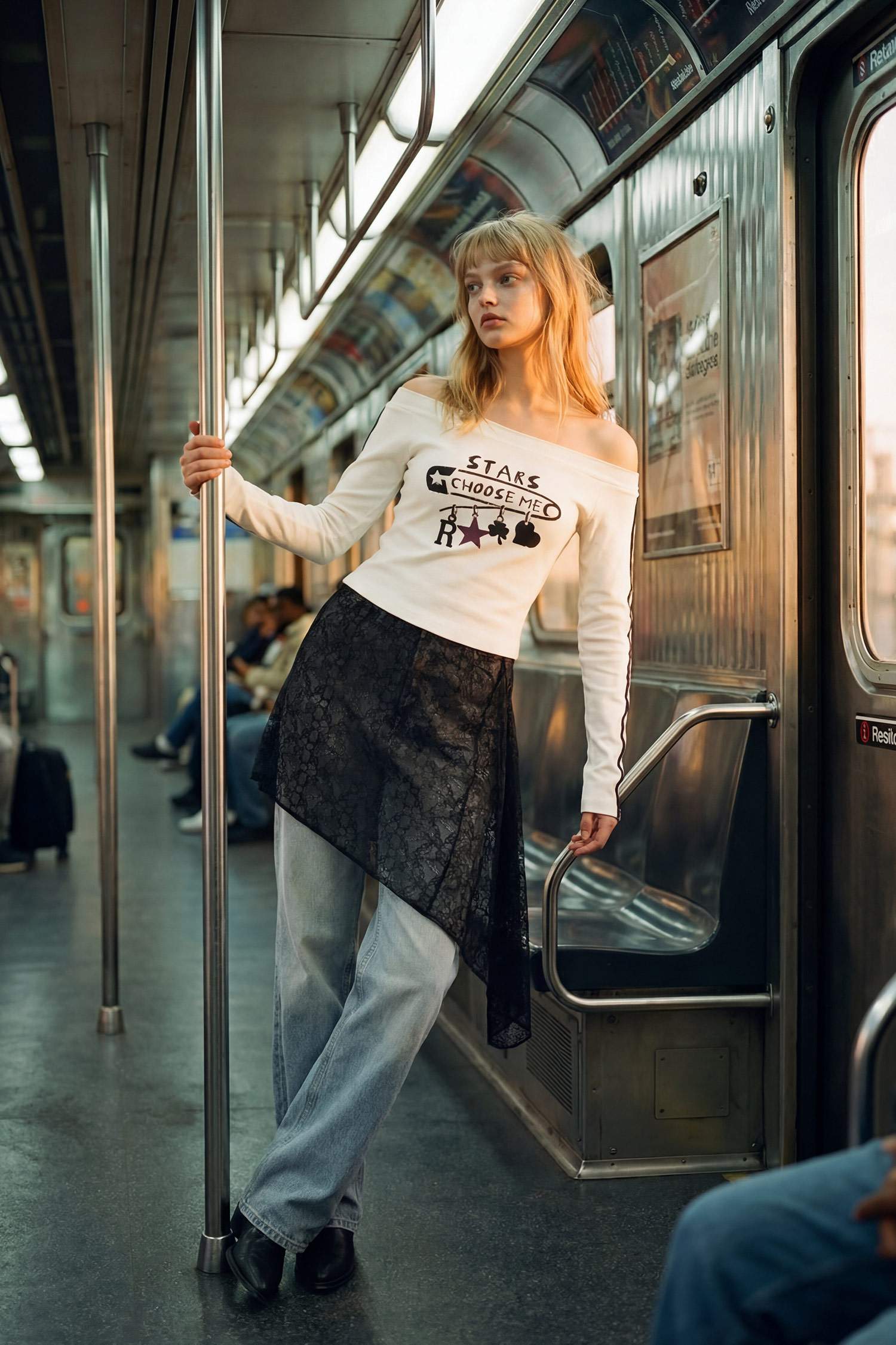 Fitted Boat Neck Printed Ribbed T-Shirt