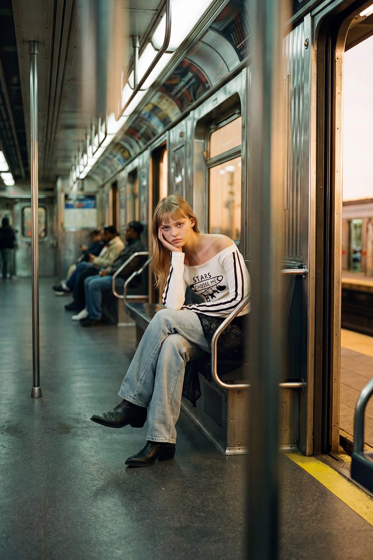 Fitted Boat Neck Printed Ribbed T-Shirt