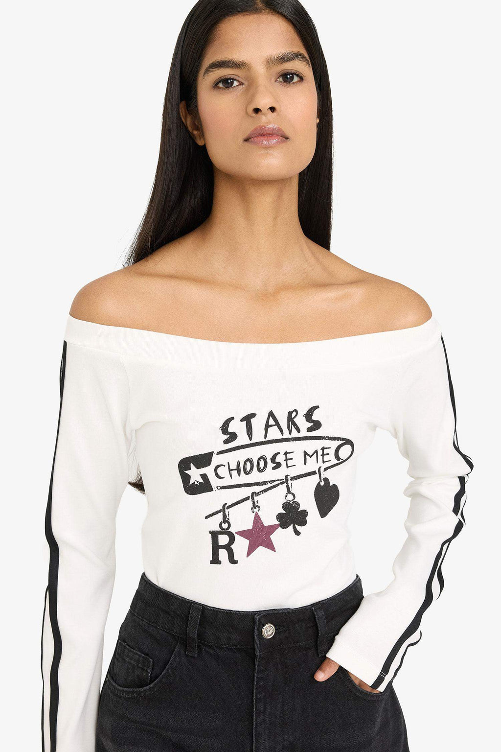 Fitted Boat Neck Printed Ribbed T-Shirt