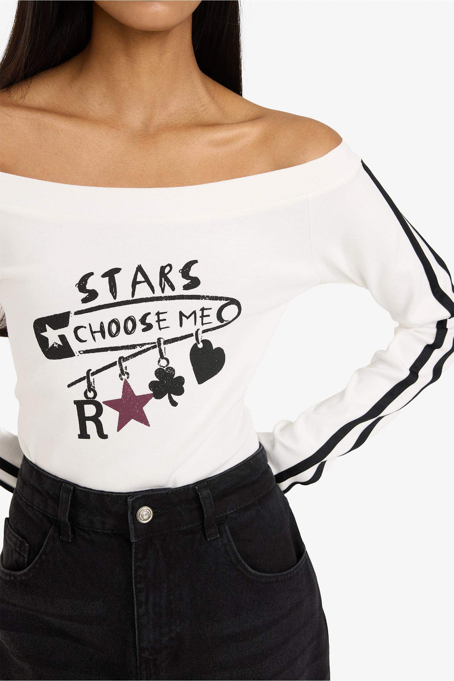 Fitted Boat Neck Printed Ribbed T-Shirt