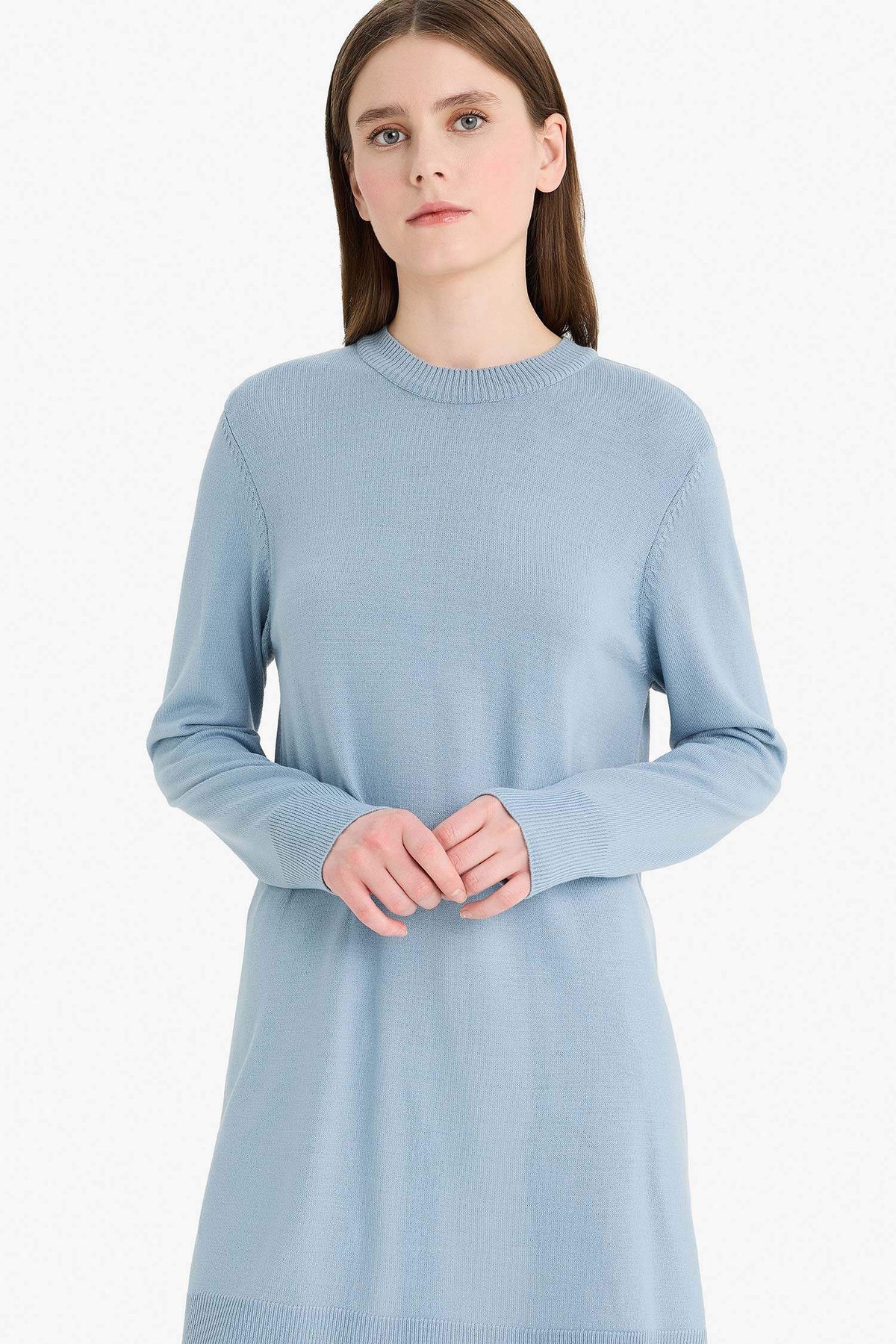 Regular Fit Crew Neck Slit Basic Plain Knitwear Sweater Tunic