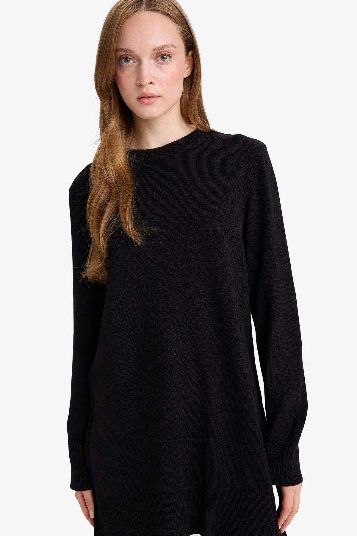 Regular Fit Crew Neck Slit Basic Plain Knitwear Sweater Tunic
