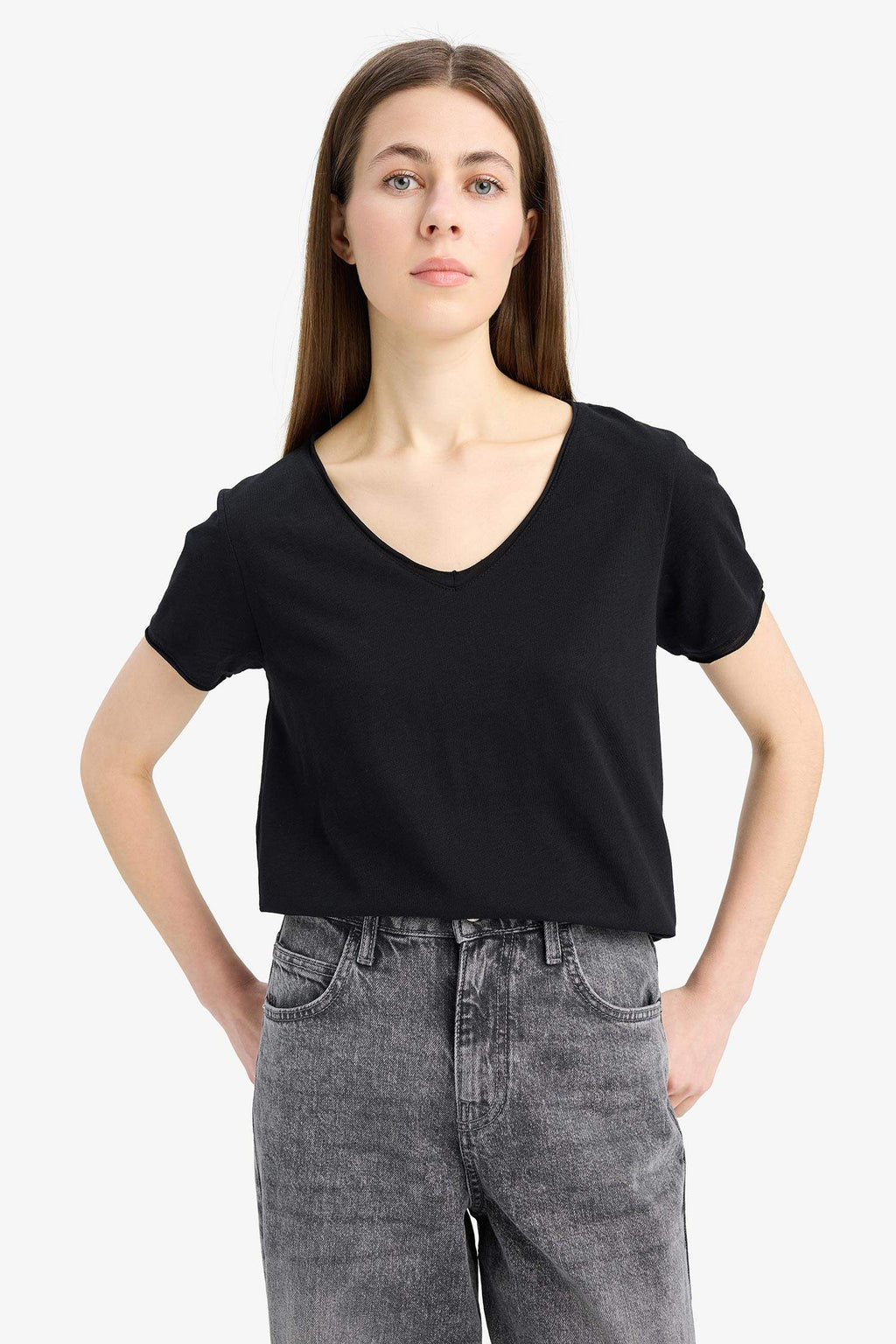 Regular Fit V Neck Basic Short Sleeve T-Shirt