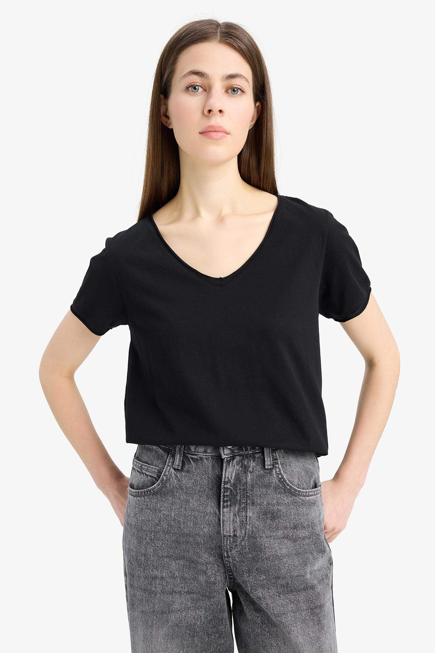 Regular Fit V Neck Basic Short Sleeve T-Shirt