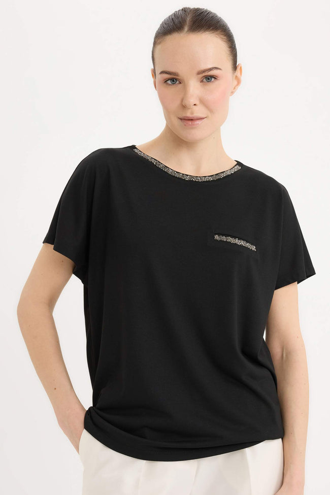 Crew Neck Printed Black Short Sleeve T-Shirt Hover Image