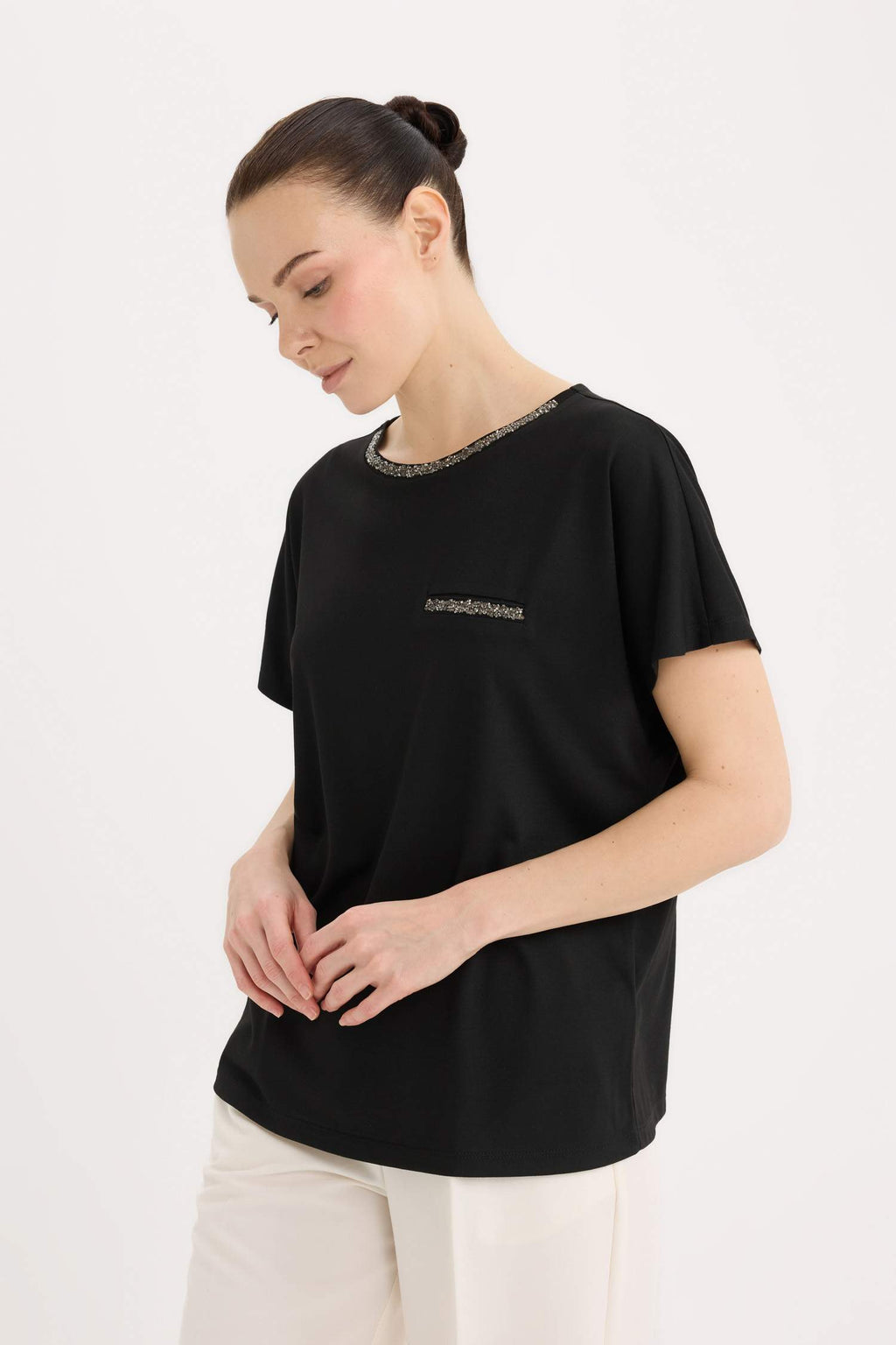 Crew Neck Printed Black Short Sleeve T-Shirt