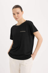 Crew Neck Printed Black Short Sleeve T-Shirt