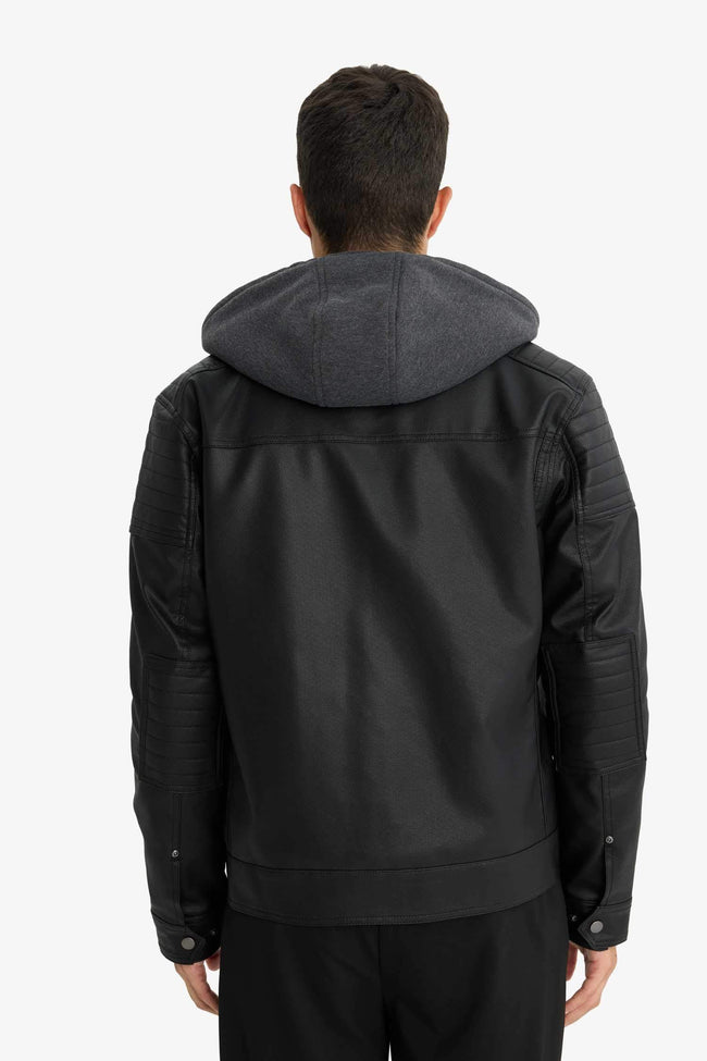 Water-repellent, slim-fit, narrow-cut faux leather jacket with removable hood, plush lining, and zip closure. Main Image