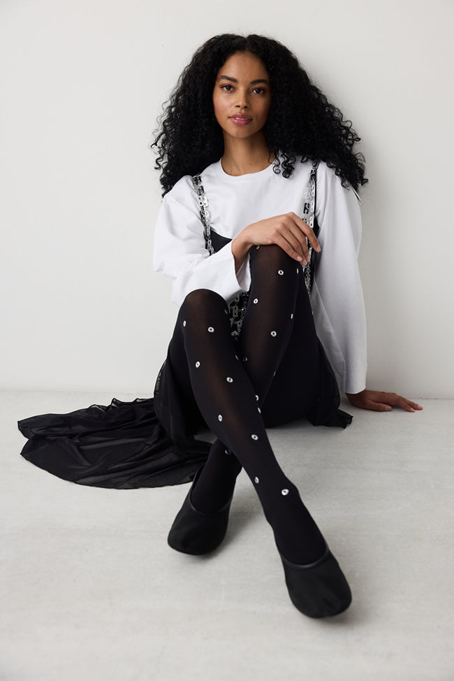 Silvery Eyelet Black Pantyhose Hover Image