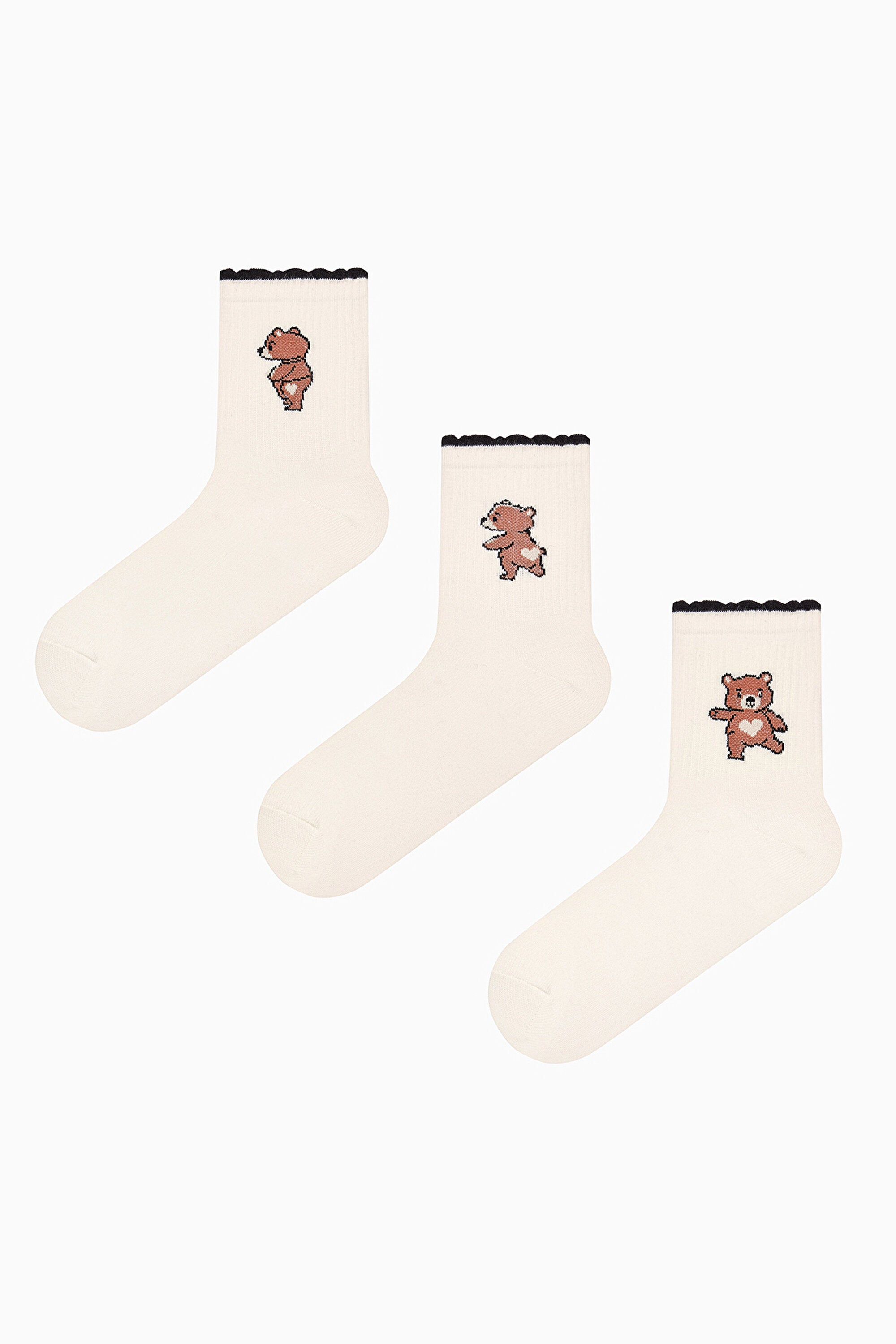 3 Pairs Cotton Teddy Bear Patterned Ankle Socks