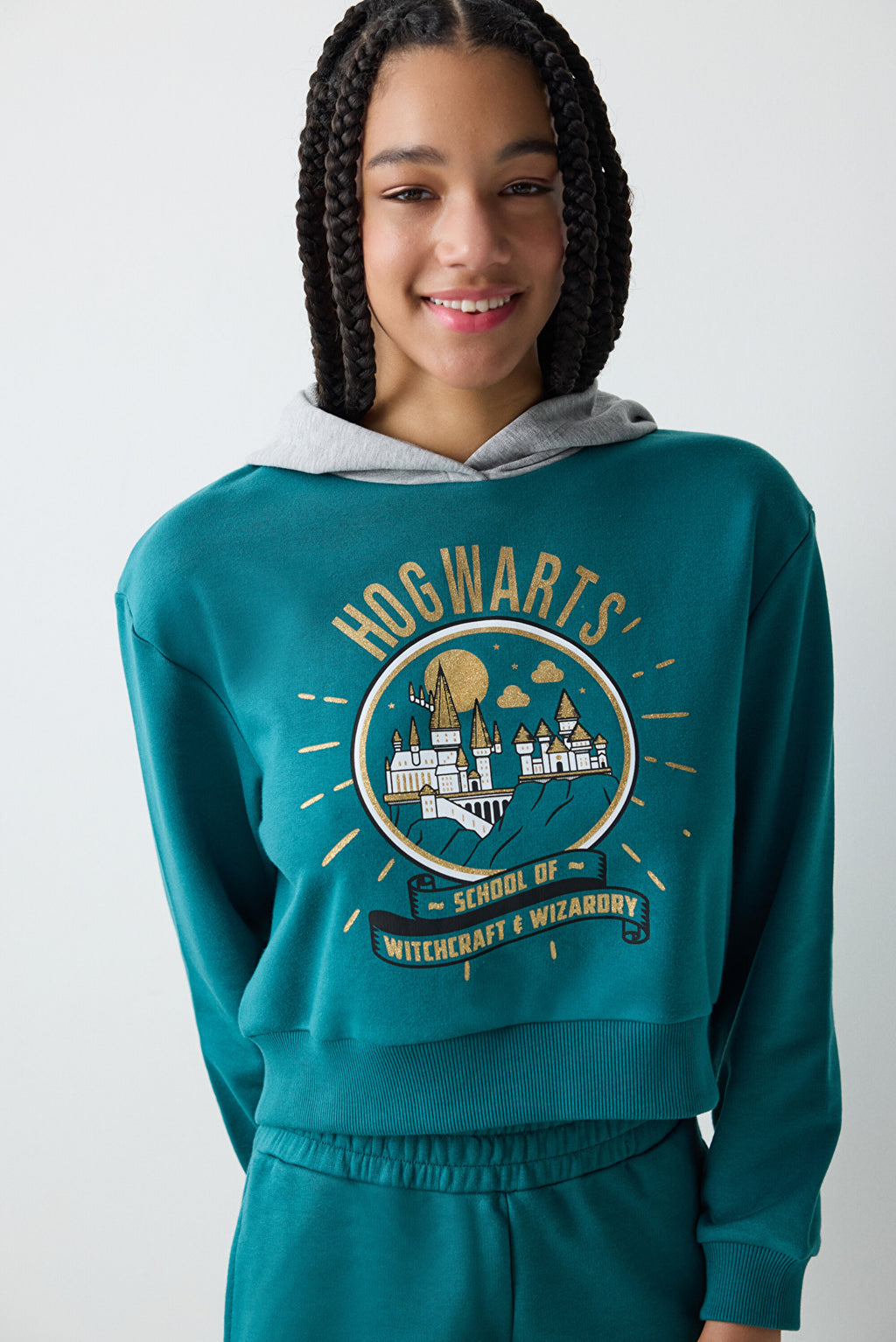 Petrol Green Harry Potter Printed Hooded Sweatshirt
