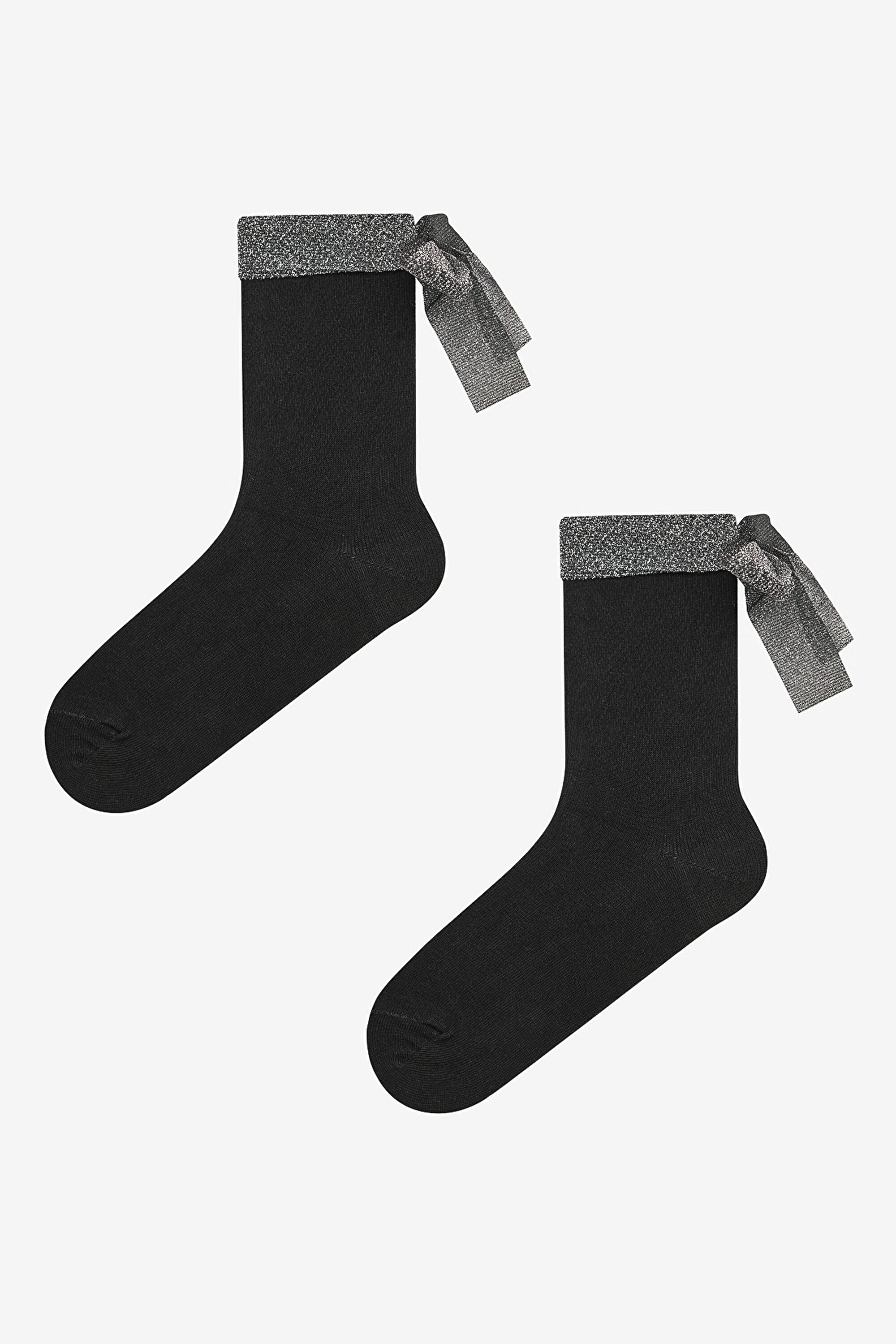 Silvery Ribbon Black Ankle Socks