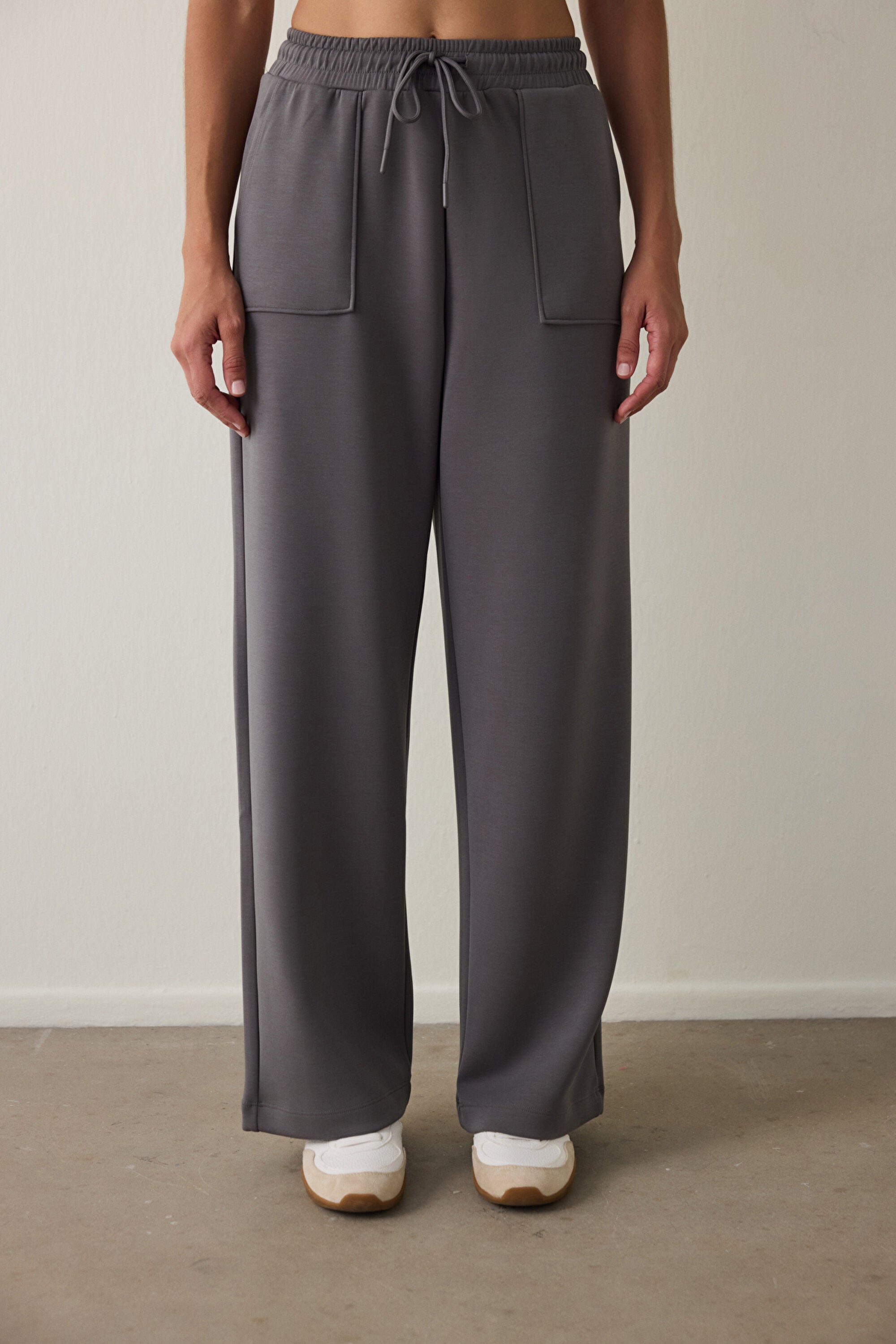 Gray Modal Straight Leg High Waist Front Pocket Trousers